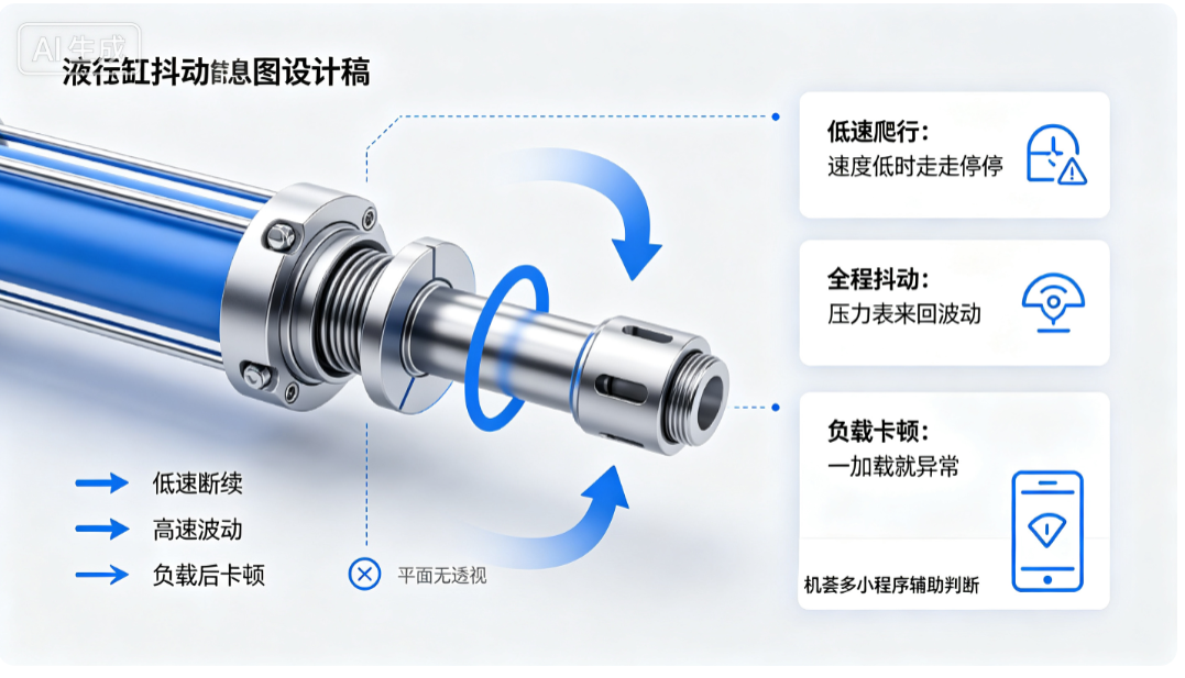 液压缸爬行抖动故障现象识别，区分低速卡顿、负载抖动故障