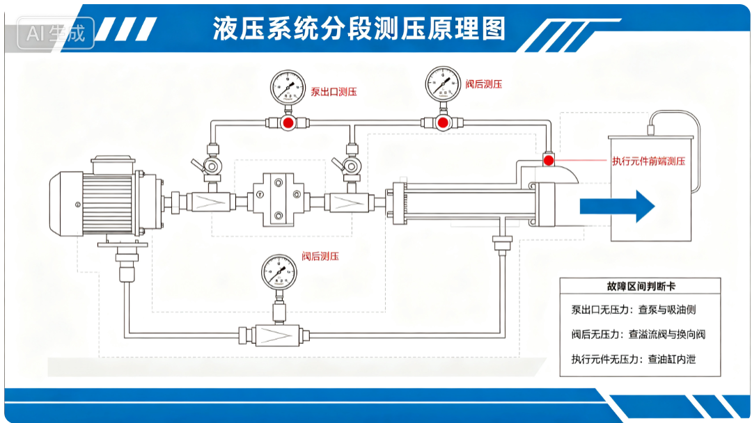 液压系统分段测压原理图，定位建压失败故障区间