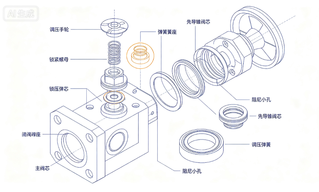 先导式溢流阀结构拆解示意图