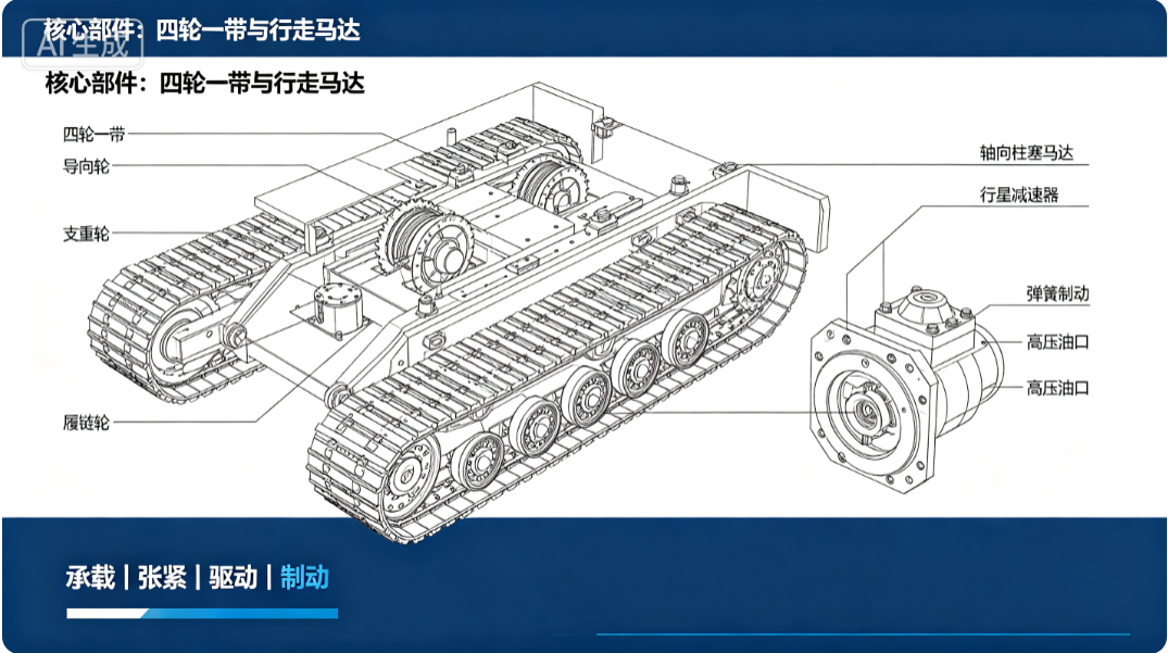 履带底盘四轮一带结构标注图、行走马达行星减速剖视图